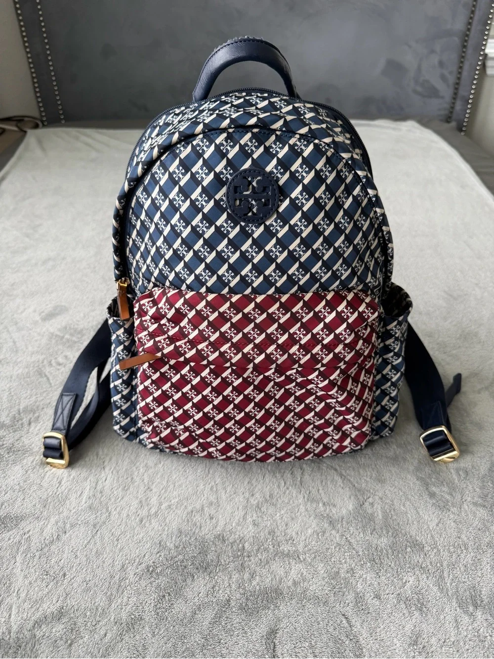 Tory Burch Navy and Burgundy Geometric Logo Backpack
